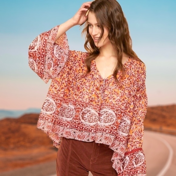 FREE PEOPLE Lorraine RETRO Print Tie-Front Wide Sleeve Flowy Tiered Kimono-Md - Picture 6 of 13
